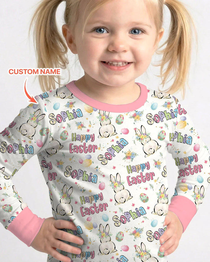 Personalized Happy Easter Bunny Two Piece Long Sleeve Pajama Set