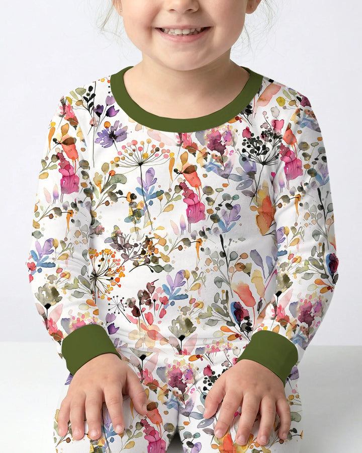Wildflower Watercolor Garden Bamboo Two Piece Long Sleeve Pajama Set
