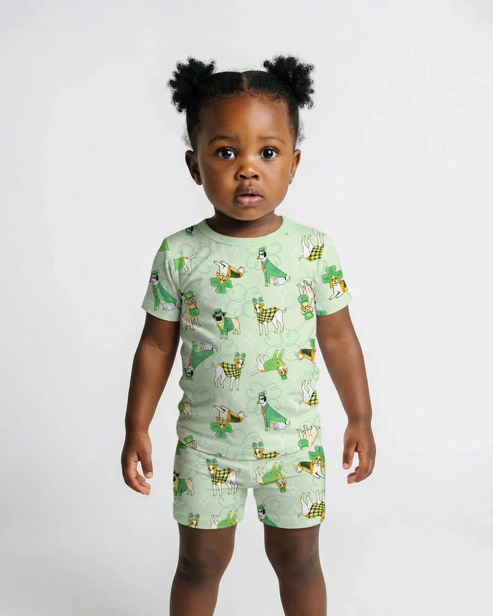 St. Patrick's Day Puppies Two Piece Short Sleeve Shorts Pajama Set