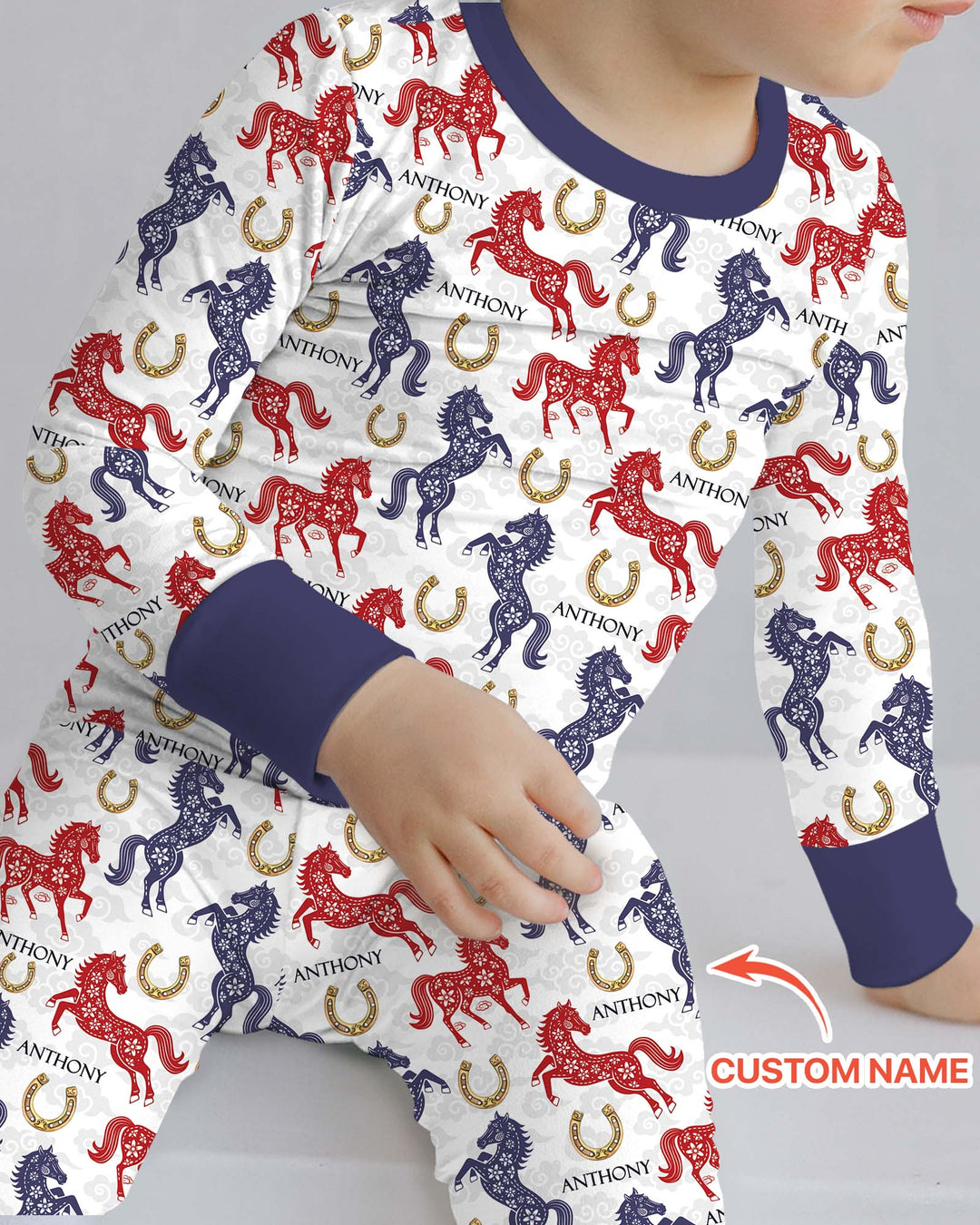 Custom Name Chinoiserie Horses Two Piece Long Sleeve Pajama Set