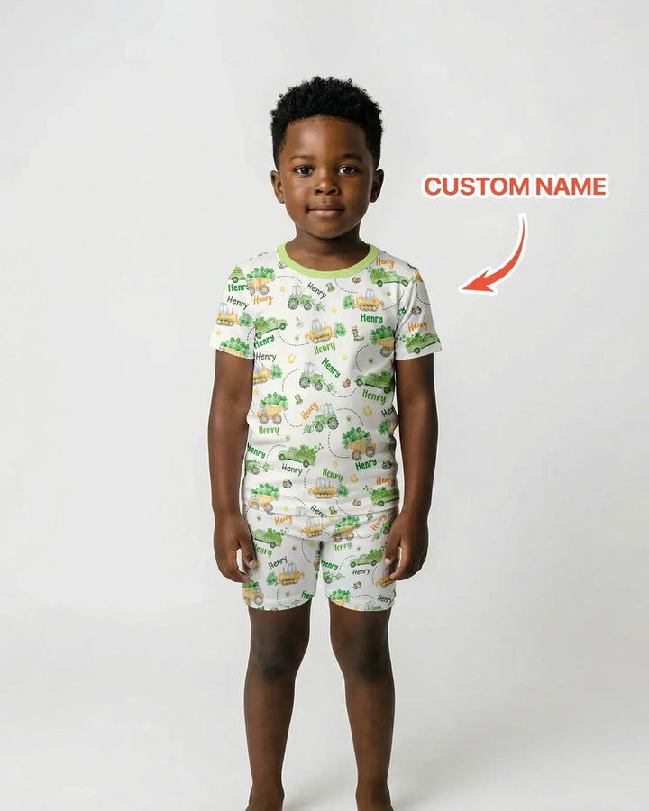 Construction St. Patrick's Day Custom Name Two Piece Short Sleeve Shorts Pajama Set