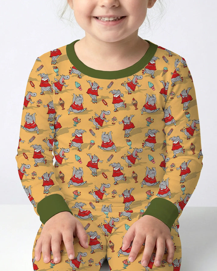 Dancing Hippo Treats Bamboo Two Piece Long Sleeve Pajama Set