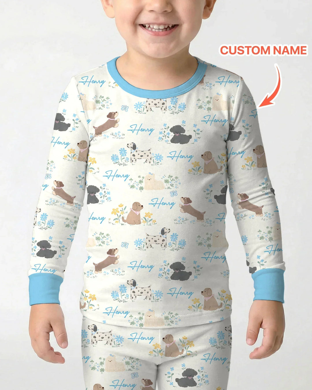 Custom Name Flower Dogs Two Piece Long Sleeve Pajama Set