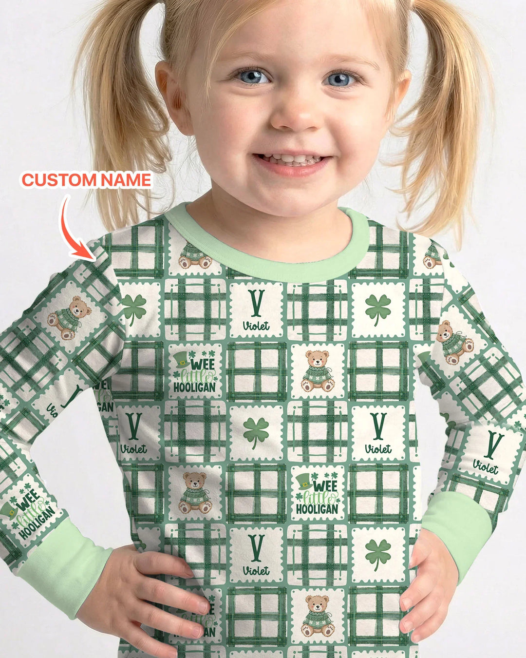 Custom Name Teddy Bear Gingham St. Patrick's Day Two Piece Long Sleeve Pajama Set
