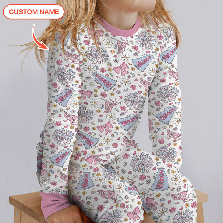 Custom Name Pastel Cheerleader Two Piece Long Sleeve Pajama Set