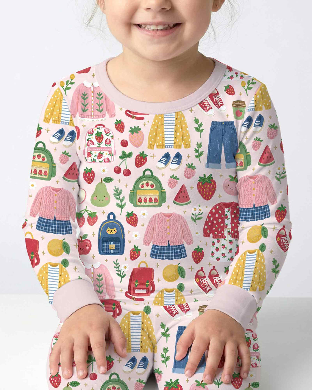 Strawberry School Style Bamboo Two Piece Long Sleeve Pajama Set