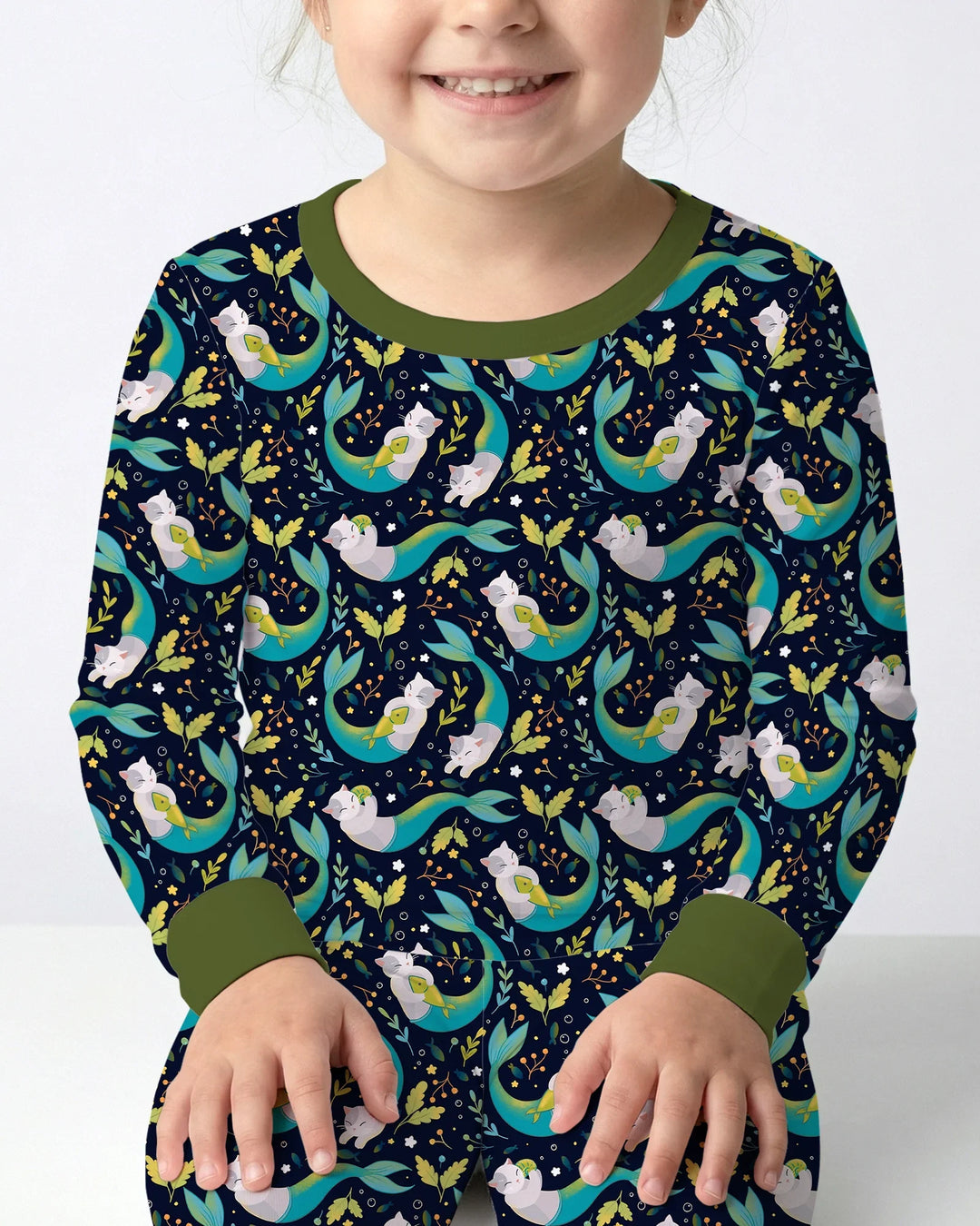 Pijama de dos piezas de bambú de manga larga Midnight Mermaid Cats