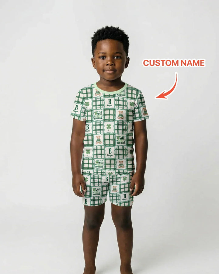 Custom Name Teddy Bear Gingham St. Patrick's Day Two Piece Short Sleeve Shorts Pajama Set