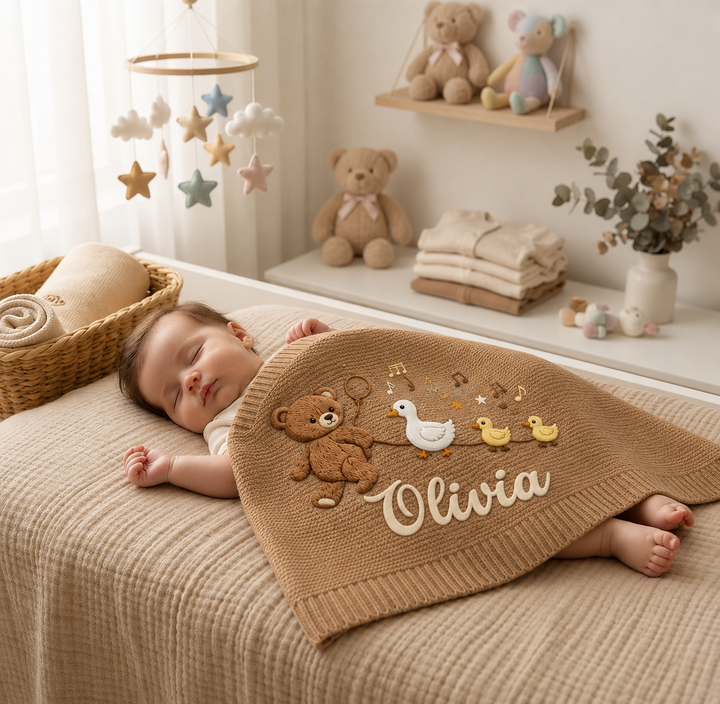 Cutie Teddy Embroidered Baby Cotton Blanket