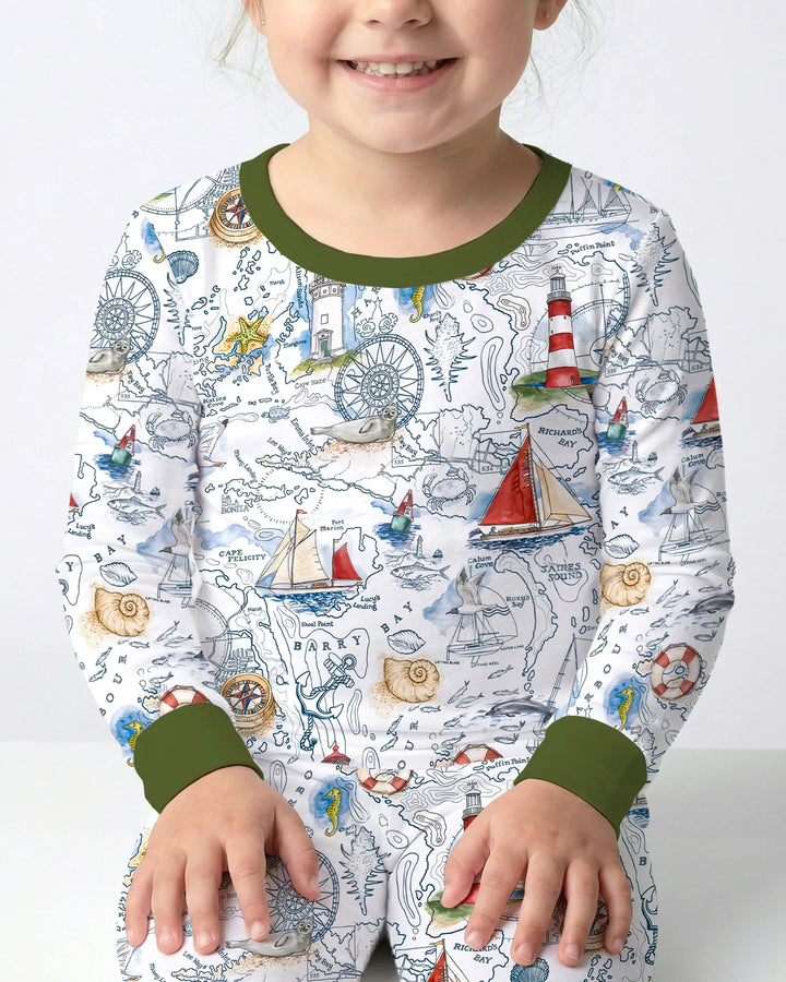 Seaside Adventure Map Bamboo Two Piece Long Sleeve Pajama Set