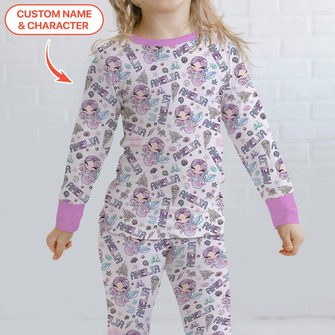 Custom Name Doodle Little Mermaid Two Piece Long Sleeve Pajama Set