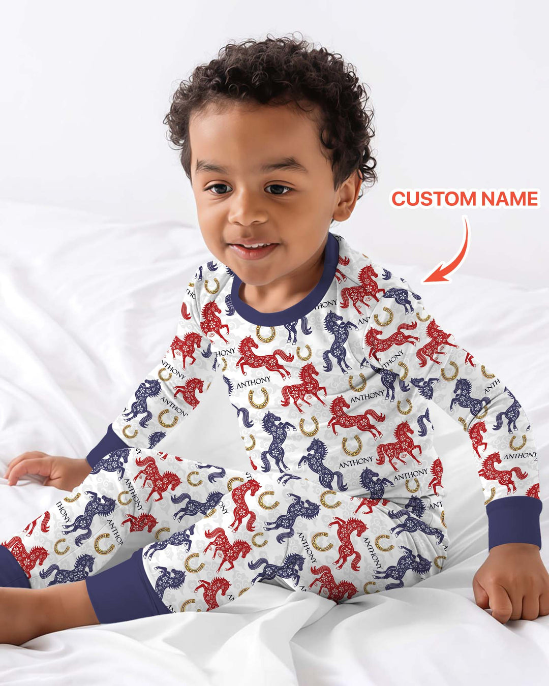 Custom Name Chinoiserie Horses Two Piece Long Sleeve Pajama Set