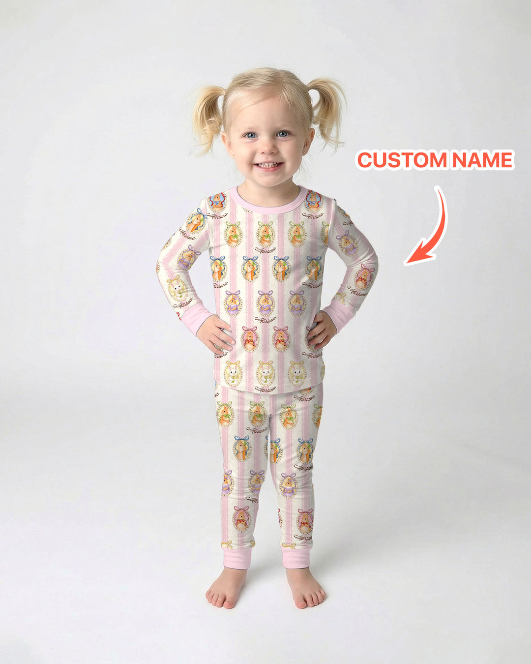 Custom Name Vintage Easter Bunny Two Piece Long Sleeve Pajama Set