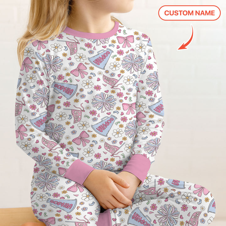Custom Name Pastel Cheerleader Two Piece Long Sleeve Pajama Set