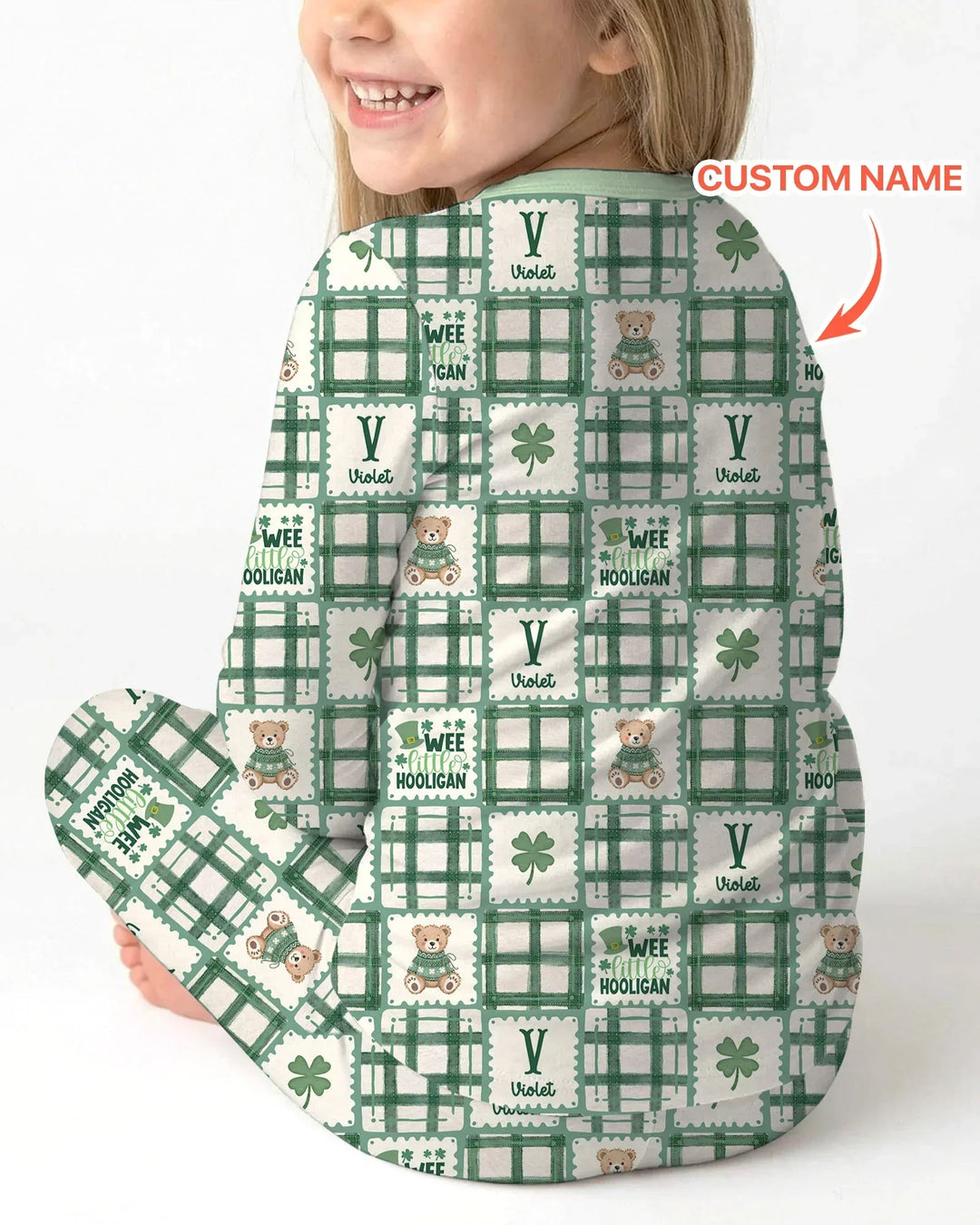 Custom Name Teddy Bear Gingham St. Patrick's Day Two Piece Long Sleeve Pajama Set