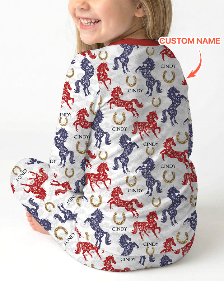 Custom Name Chinoiserie Horses Two Piece Long Sleeve Pajama Set