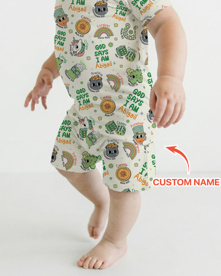 Personalized God Says I Am St. Patrick's Day Family Matching Two Piece Short Sleeve Shorts Pajama Set