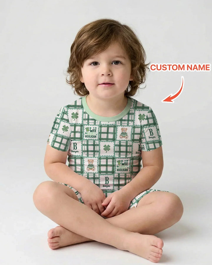 Custom Name Teddy Bear Gingham St. Patrick's Day Two Piece Short Sleeve Shorts Pajama Set