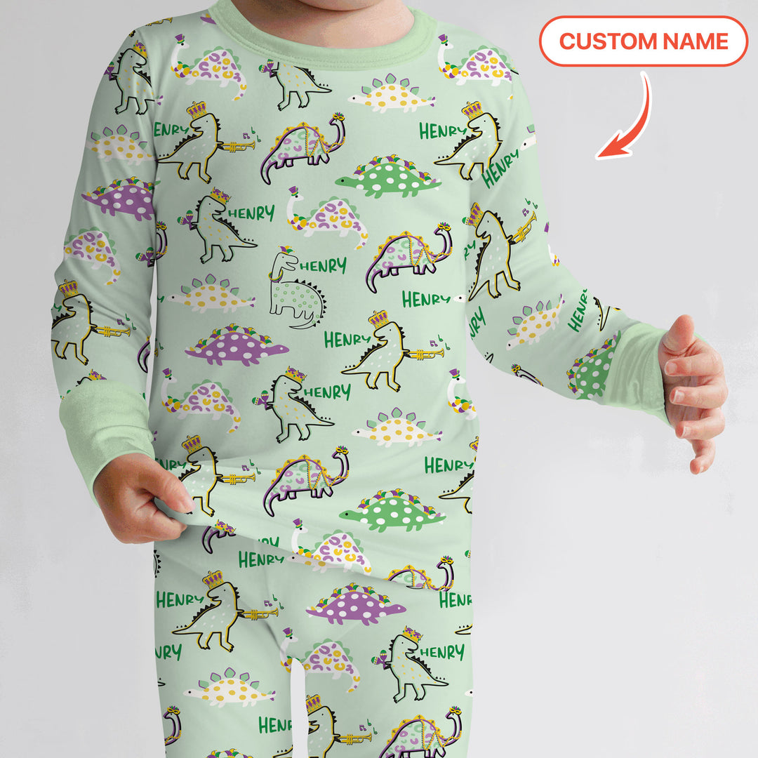 Custom Name Mardi Gras Saurus Two Piece Long Sleeve Pajama Set