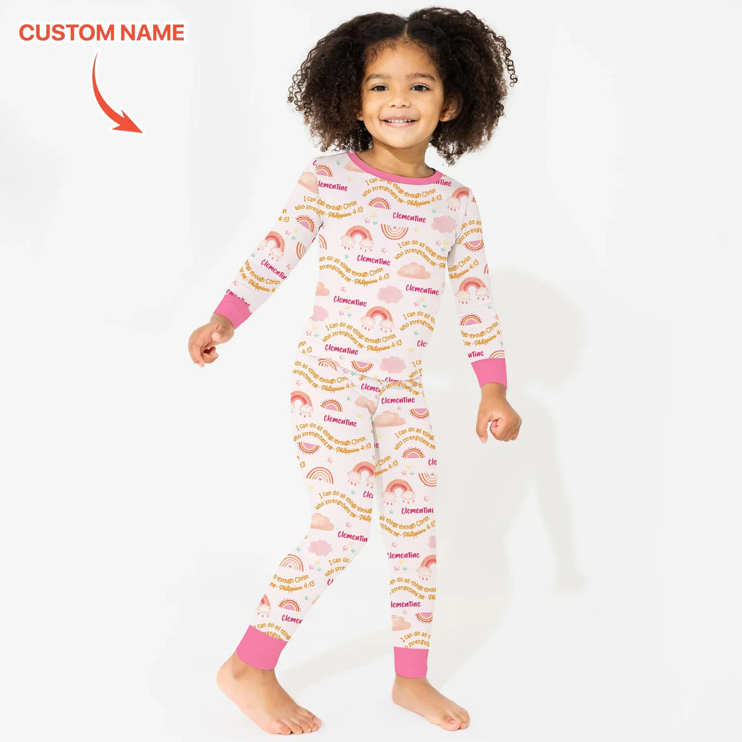 I Can Do All Things Through Christ Custom Name Two Piece Long Sleeve Pajama Set , I Can Do All Things Through Christ Custom Name Two Piece Long Sleeve Pajama Set - 12-18M