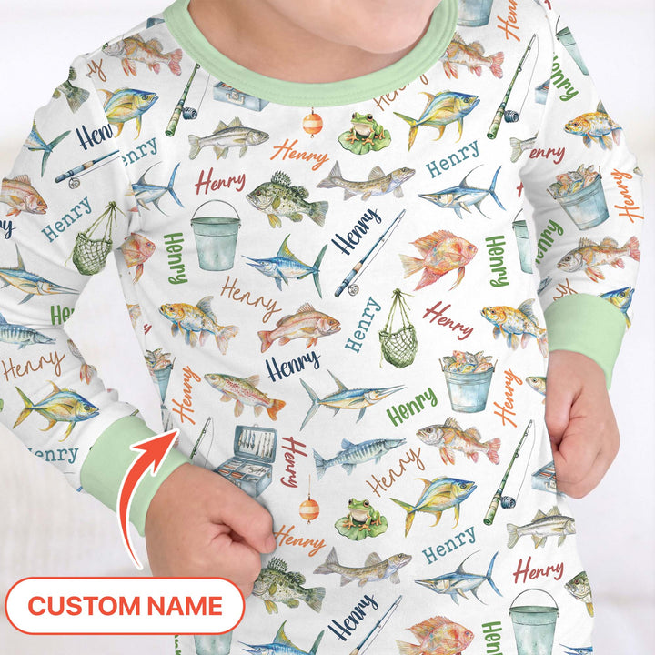 Happy Fishing Adventure Custom Name Two Piece Long Sleeve Pajama Set