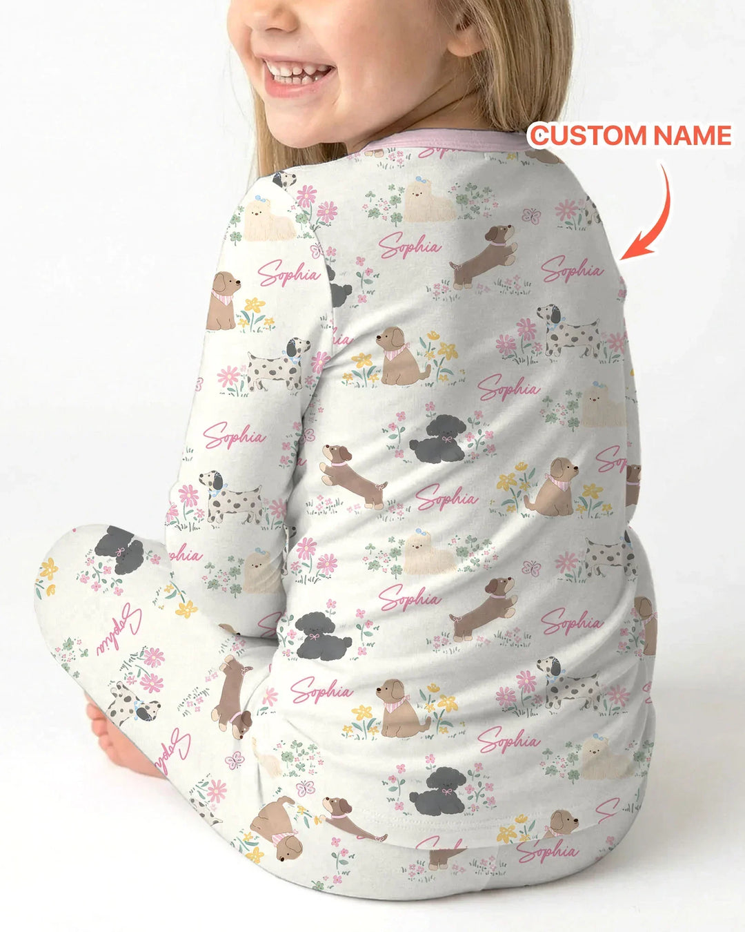 Custom Name Flower Dogs Two Piece Long Sleeve Pajama Set