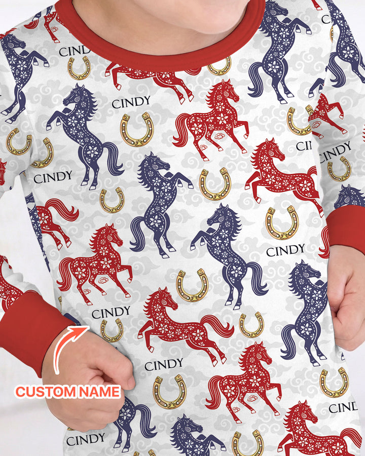 Custom Name Chinoiserie Horses Two Piece Long Sleeve Pajama Set