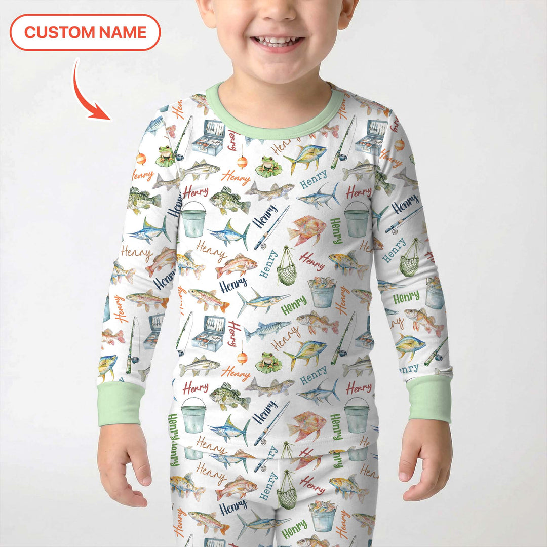 Happy Fishing Adventure Custom Name Two Piece Long Sleeve Pajama Set