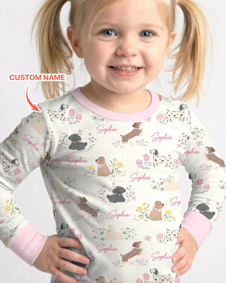 Custom Name Flower Dogs Two Piece Long Sleeve Pajama Set