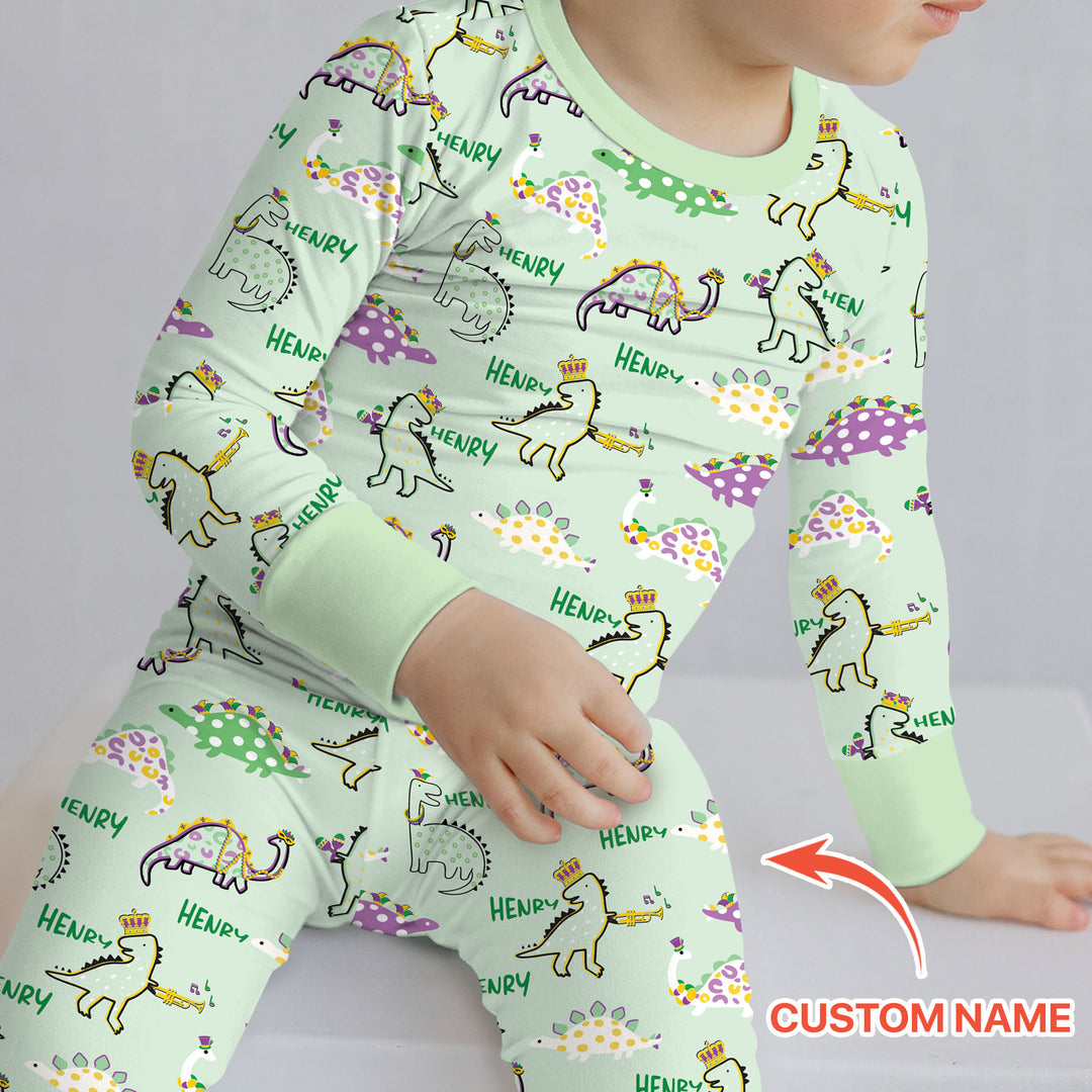 Custom Name Mardi Gras Saurus Two Piece Long Sleeve Pajama Set