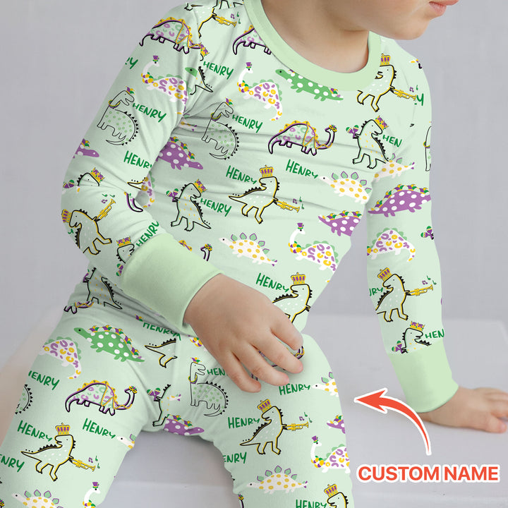 Custom Name Mardi Gras Saurus Two Piece Long Sleeve Pajama Set