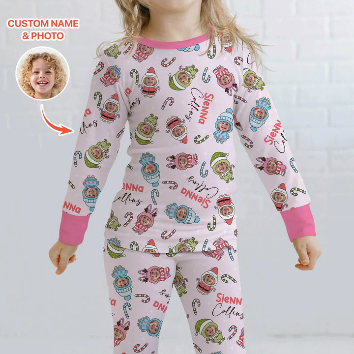 Custom Baby Photo Christmas Bear Two Piece Long Sleeve Pajama Set