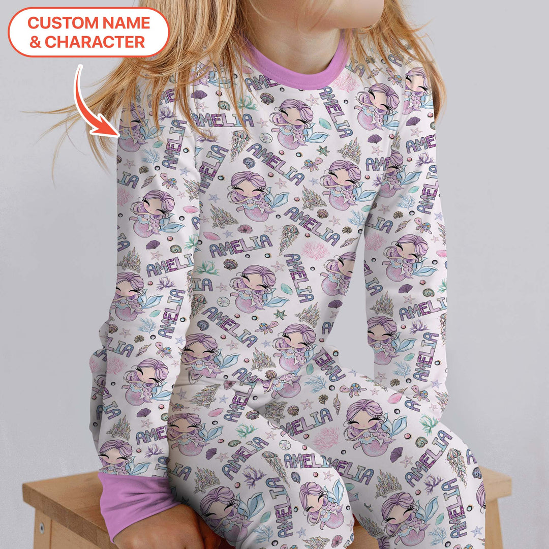 Custom Name Doodle Little Mermaid Two Piece Long Sleeve Pajama Set