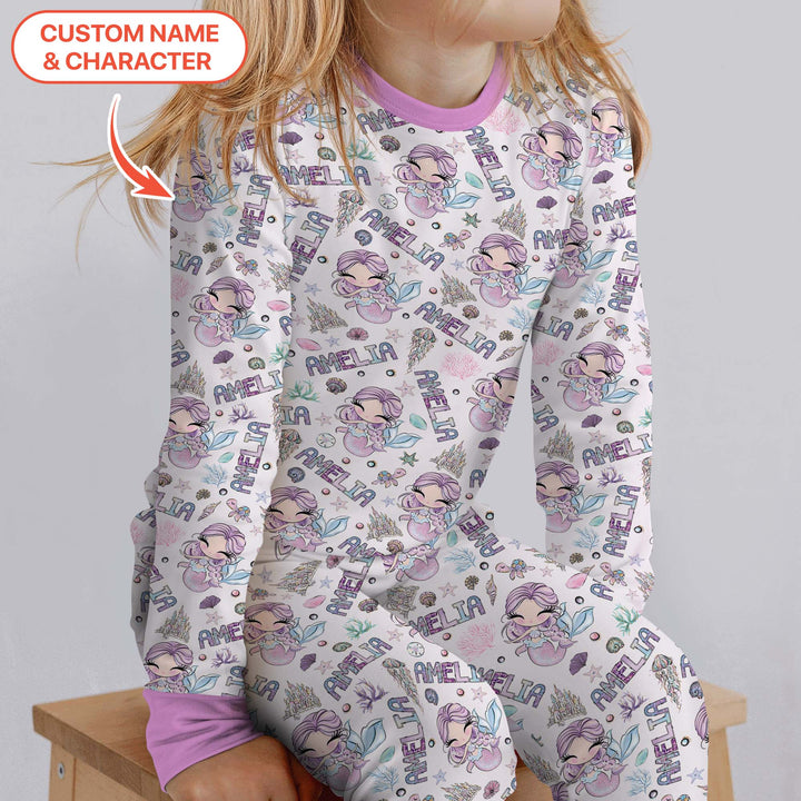 Custom Name Doodle Little Mermaid Two Piece Long Sleeve Pajama Set