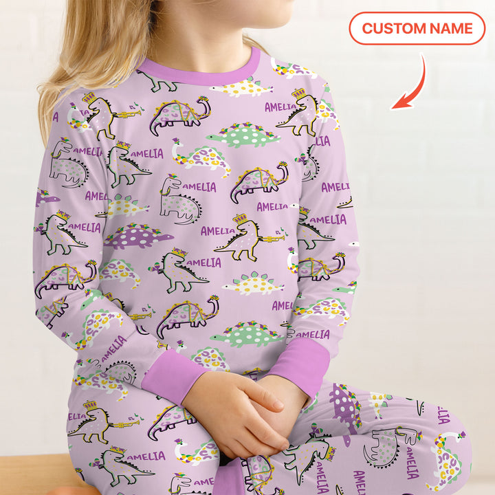 Custom Name Mardi Gras Saurus Two Piece Long Sleeve Pajama Set