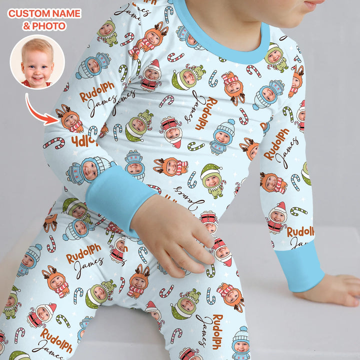 Custom Baby Photo Christmas Bear Two Piece Long Sleeve Pajama Set