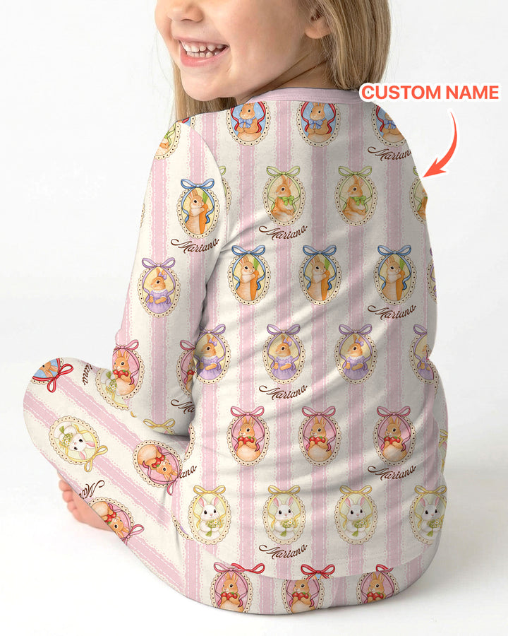 Custom Name Vintage Easter Bunny Two Piece Long Sleeve Pajama Set