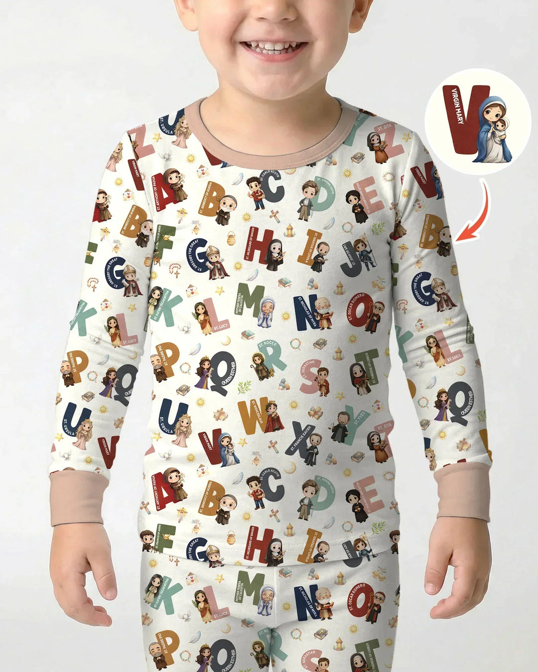 Catholic Saint ABCs Two Piece Long Sleeve Pajama Set