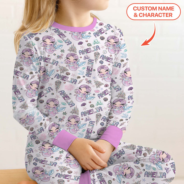 Custom Name Doodle Little Mermaid Two Piece Long Sleeve Pajama Set
