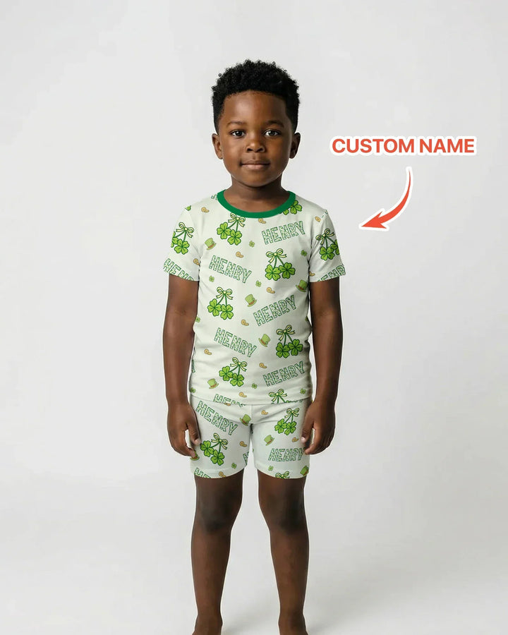 Custom Name Lucky Little Shamrock Two Piece Short Sleeve Shorts Pajama Set