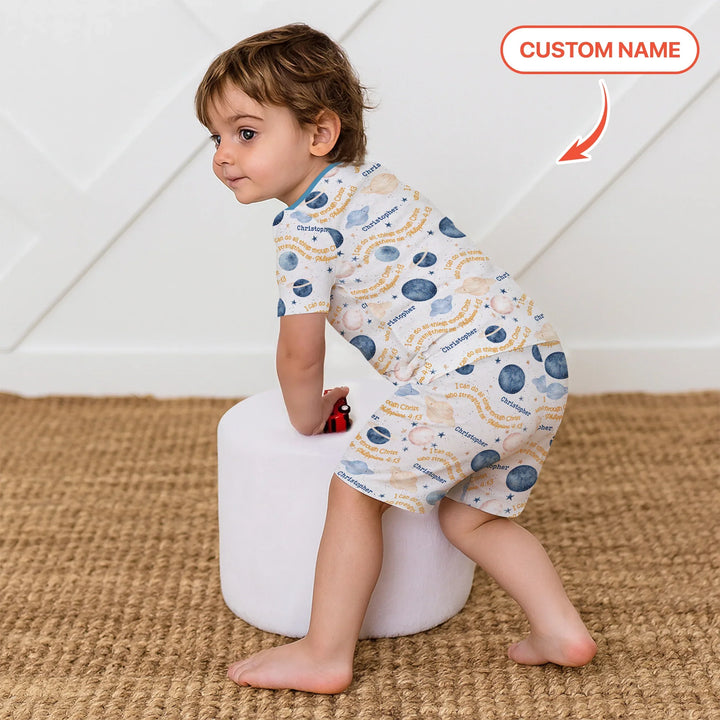 I Can Do All Things Through Christ Custom Name Two Piece Short Sleeve Shorts Pajama Set , I Can Do All Things Through Christ Custom Name Two Piece Short Sleeve Shorts Pajama Set - 12-18M