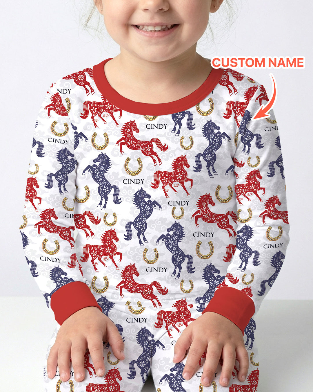 Custom Name Chinoiserie Horses Two Piece Long Sleeve Pajama Set