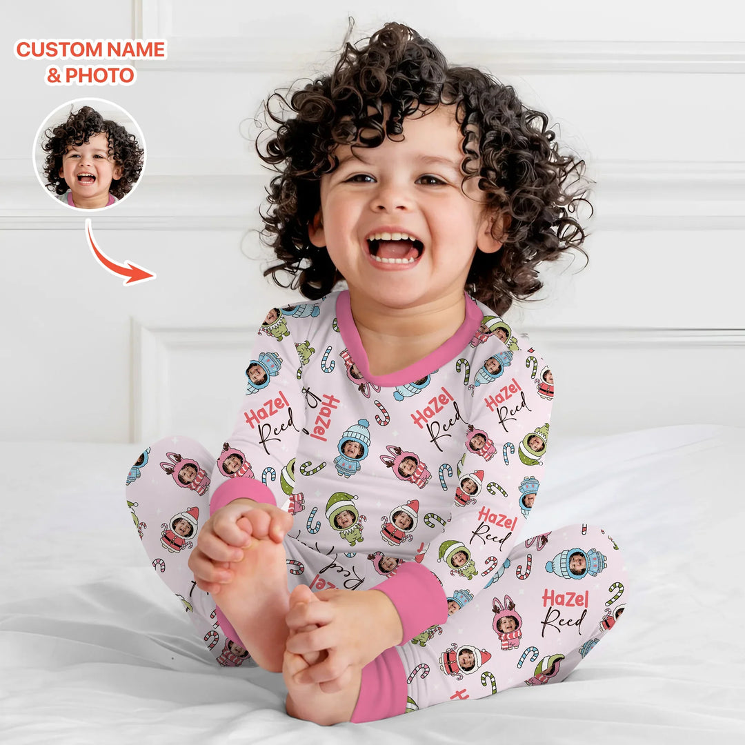 Custom Baby Photo Christmas Bear Two Piece Long Sleeve Pajama Set