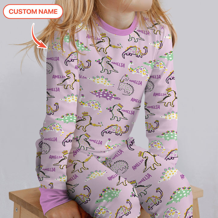 Custom Name Mardi Gras Saurus Two Piece Long Sleeve Pajama Set