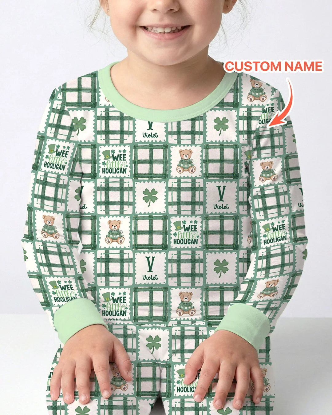 Custom Name Teddy Bear Gingham St. Patrick's Day Two Piece Long Sleeve Pajama Set