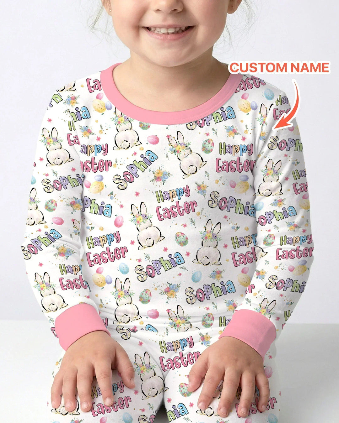 Personalized Happy Easter Bunny Two Piece Long Sleeve Pajama Set