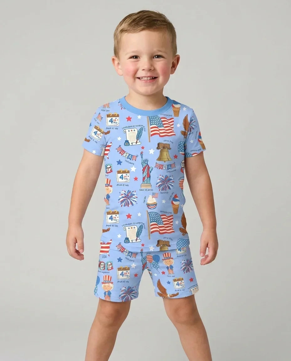 Conjunto de pijama de dos piezas de bambú, pantalón corto y manga corta, con diseño patriótico dibujado a mano