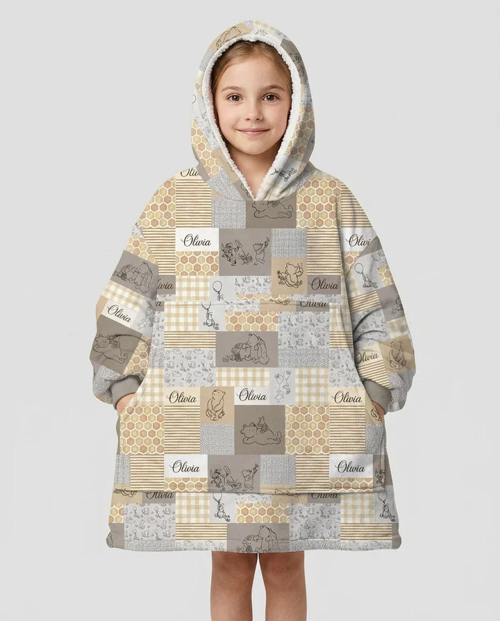 Personalized Classic Bear Patchwork  Bamboo Blanket Hoodie