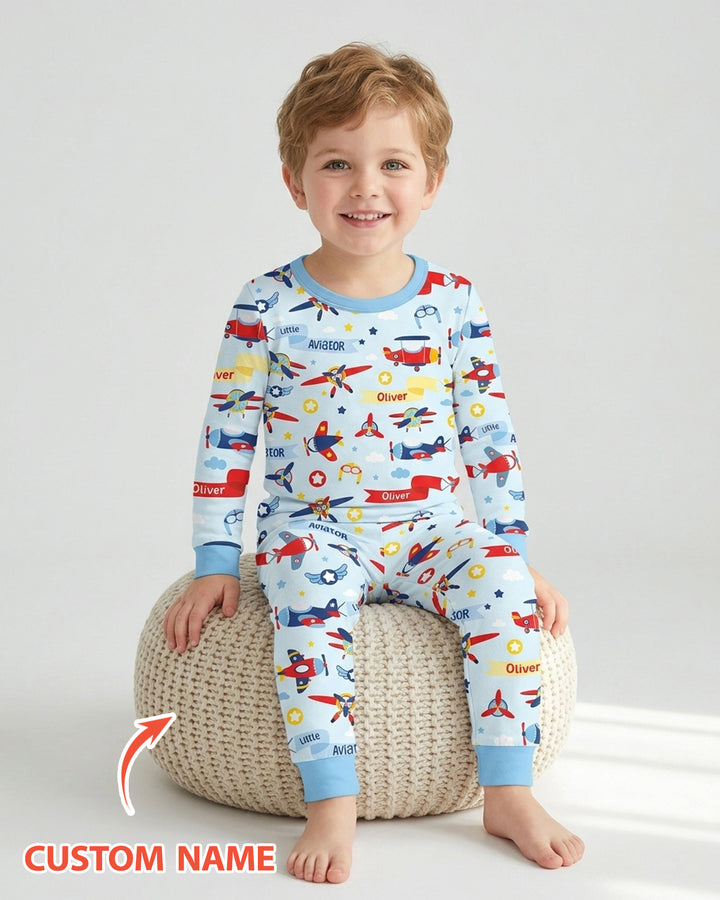 Our Little Aviator Custom Name Bamboo Two Piece Long Sleeve Pajama Set