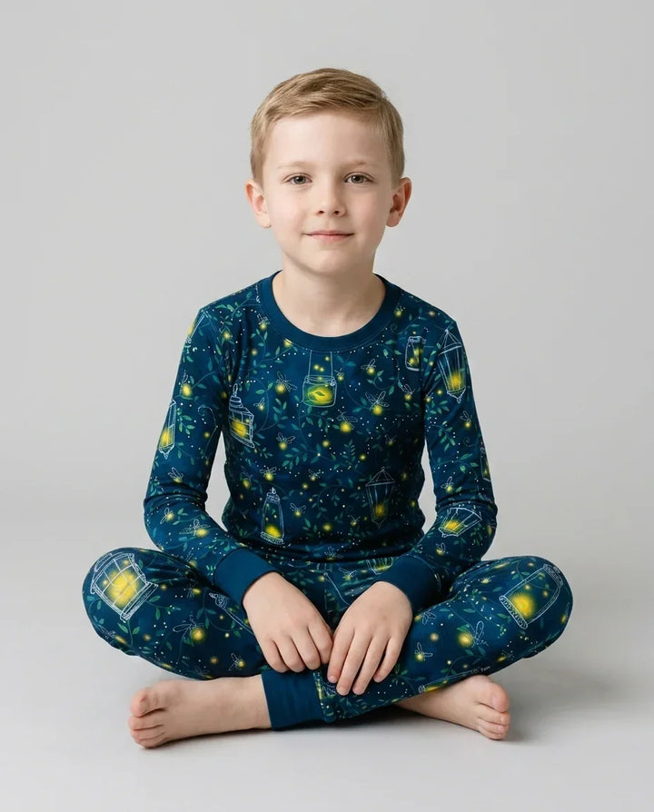Conjunto de pijama de dos piezas de manga larga de bambú Firefly Evening Forest